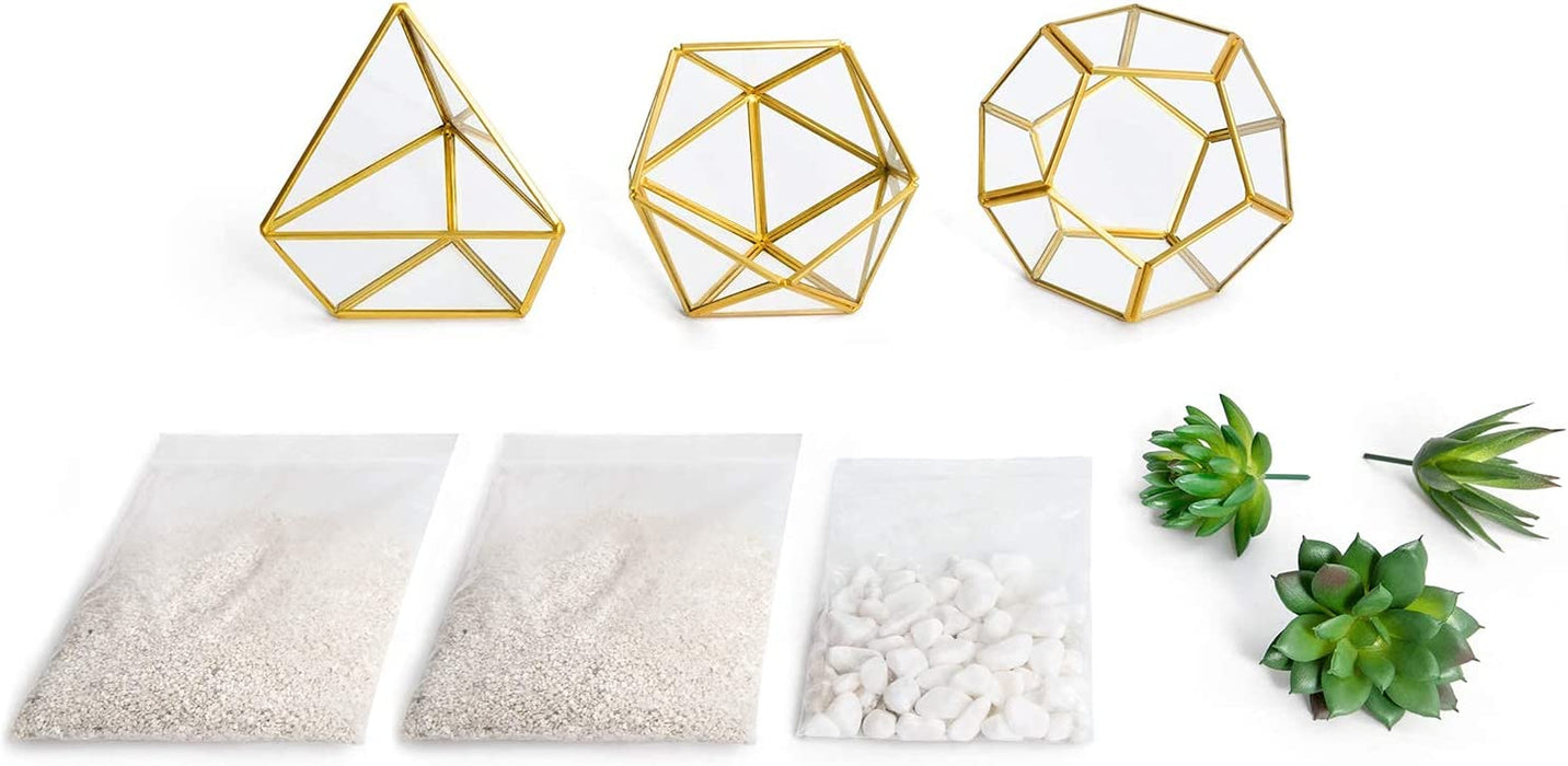 Artificial Succulent in 3 Pack Mini Glass Geometric Terrarium, Miniature Potted Faux Plant Bookshelf Desk Boho Office Room Decor for Women Girls Dorm Gift Idea, Gold