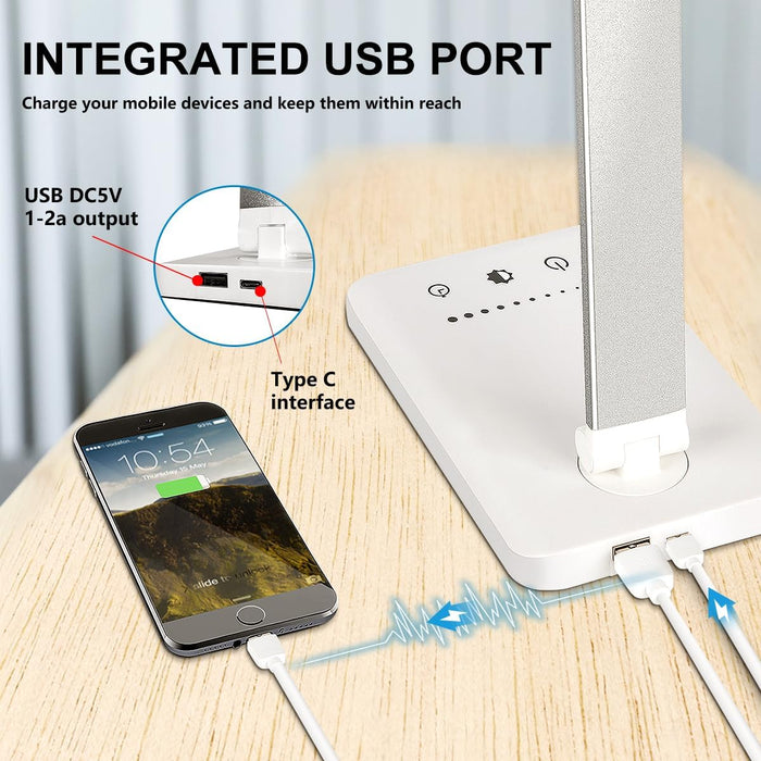 LED Desk Lamp Dimmable Table Lamp Reading Lamp with USB Charging Port, 5 Lighting Modes, Sensitive Control, 30/60 Minutes Auto-Off Timer, Eye-Caring Office Lamp