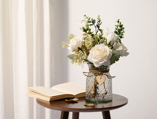 Fake Flowers with Vase, Silk Roses Artificial Flowers in Vase, Faux Flower Arrangement with Vase Suitable for Home Office Decoration, Dining Table Centerpiece(White)