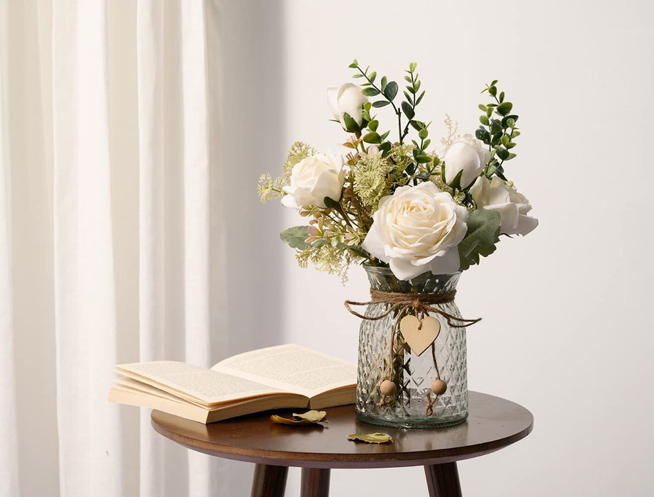 Fake Flowers with Vase, Silk Roses Artificial Flowers in Vase, Faux Flower Arrangement with Vase Suitable for Home Office Decoration, Dining Table Centerpiece(White)