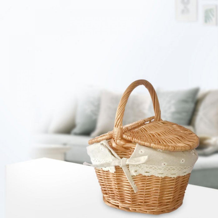 Handmade Woven Rattan Basket with Handle and Double Lids Camping Piic Food Storage Container Organizer
