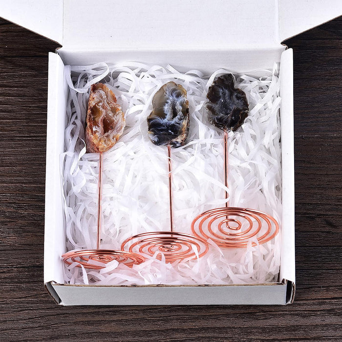 3PCS Agate Geode Irregular Natural Crystal with Copper Stand Gem Ornaments for Healing Crystal Home Decor 3-5"
