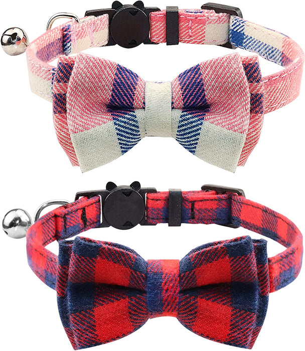 Breakaway Cat Collar with Cute Bow Tie and Bell, Plaid Patterns, 1 Pack Girl Boy Kitty Safety Collars, Blue