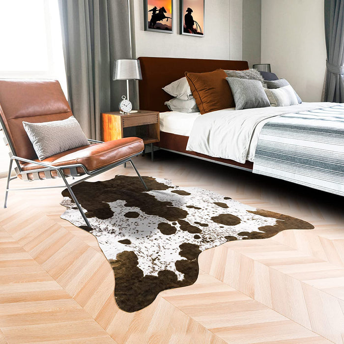 Faux Cowhide Rug 5.2 X 4.6 Feet, Cute Cow Hide Rug for Living Room Bedroom Western Home Decor Faux Fur Cow Print Rugs White and Brown