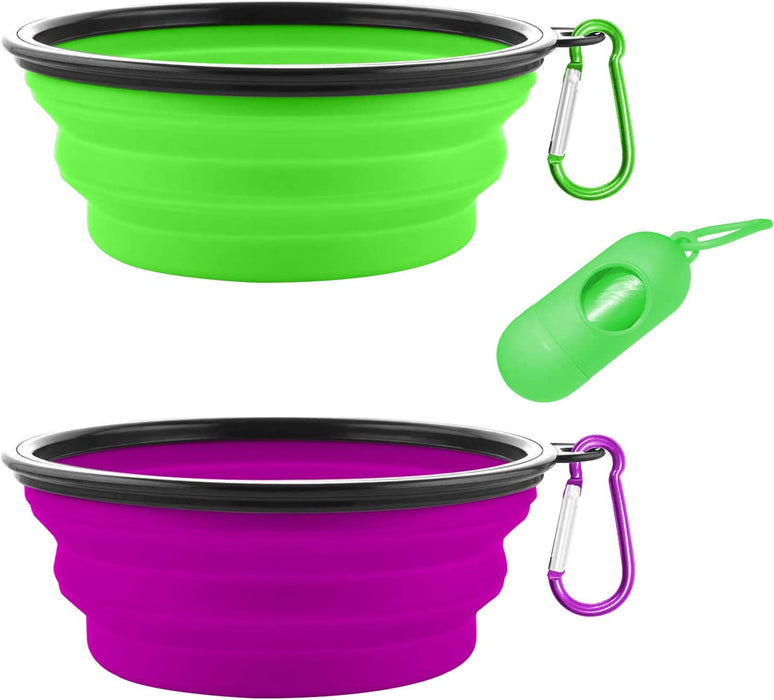 Collapsible Dog Bowls, Portable Travel Dog Bowls, Expandable for Cat Dog Water Bowls Food Feeding, 2 Pack Silicone Pet Bowls with Waste Bag Dispenser