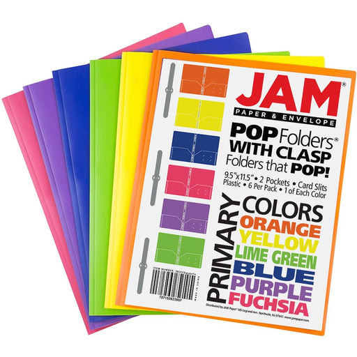 JAM Paper Plastic 2 Pocket Folders, Metal Clasp Fasteners, Assorted Primary Colors, 6/Pack