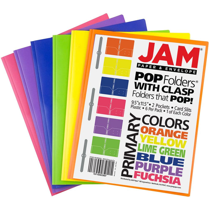 JAM Paper Plastic 2 Pocket Folders, Metal Clasp Fasteners, Assorted Primary Colors, 6/Pack