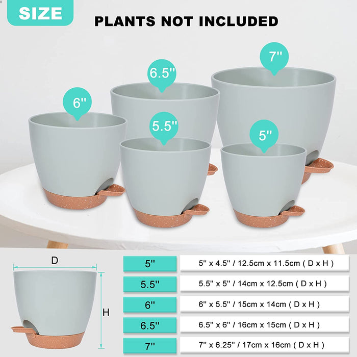 Plant Pots 7/6.5/6/5.5/5 Inch Self Watering Planters for Indoor Plants with Drainage Hole, Nursery Planting Pot Plastic Flower Pot for Succulents, African Violet (Green)