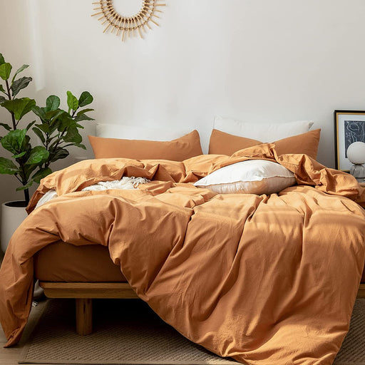 Bedding Duvet Cover Set 100% Washed Cotton Linen like Textured Breathable Durable Soft Comfy (Burnt Orange, Queen)