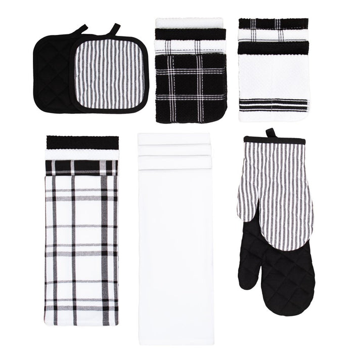 Mainstays, 20 Piece Set, Terry & Flat Kitchen Towel, Dish Cloth, Flour Sack, Oven Mitt, Pot Holder Black