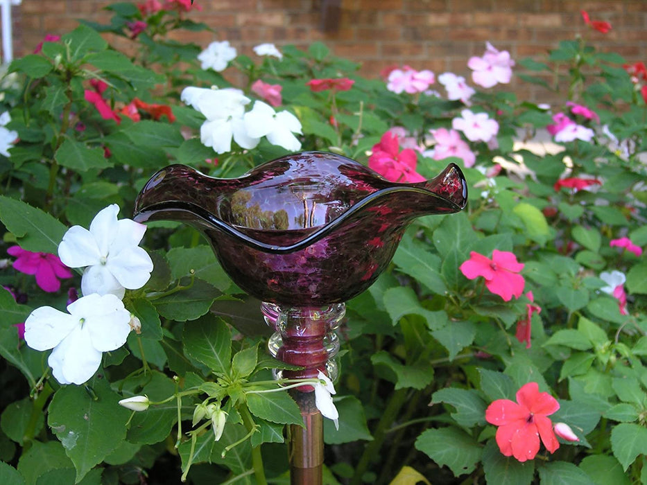 Magenta Hand Blown Glass Butterfly Feeder with 30" Copper Stake