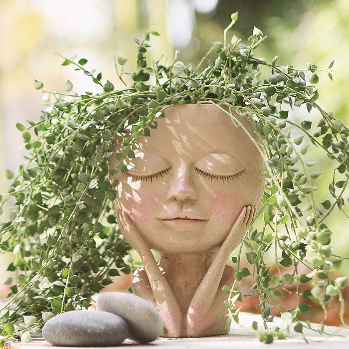 Face Flower Pot Head Planter Pot Succulent Planter Cute Resin Cactus Planter with Drainage Hole Closed Eyes