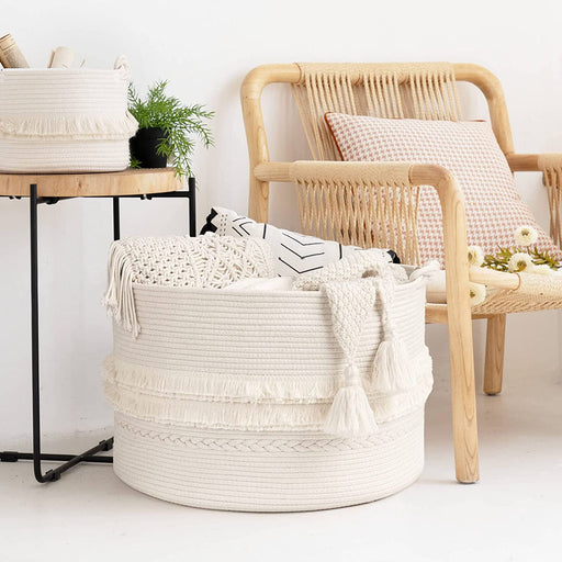 Large White Woven Storage Basket, Boho Decorative Basket for Home Decor, Towel Basket for Bathroom, Bedroom, Living Room, Baby Nursery Basket for Clothes, Toys, Blankets, 22 X 14 Inches