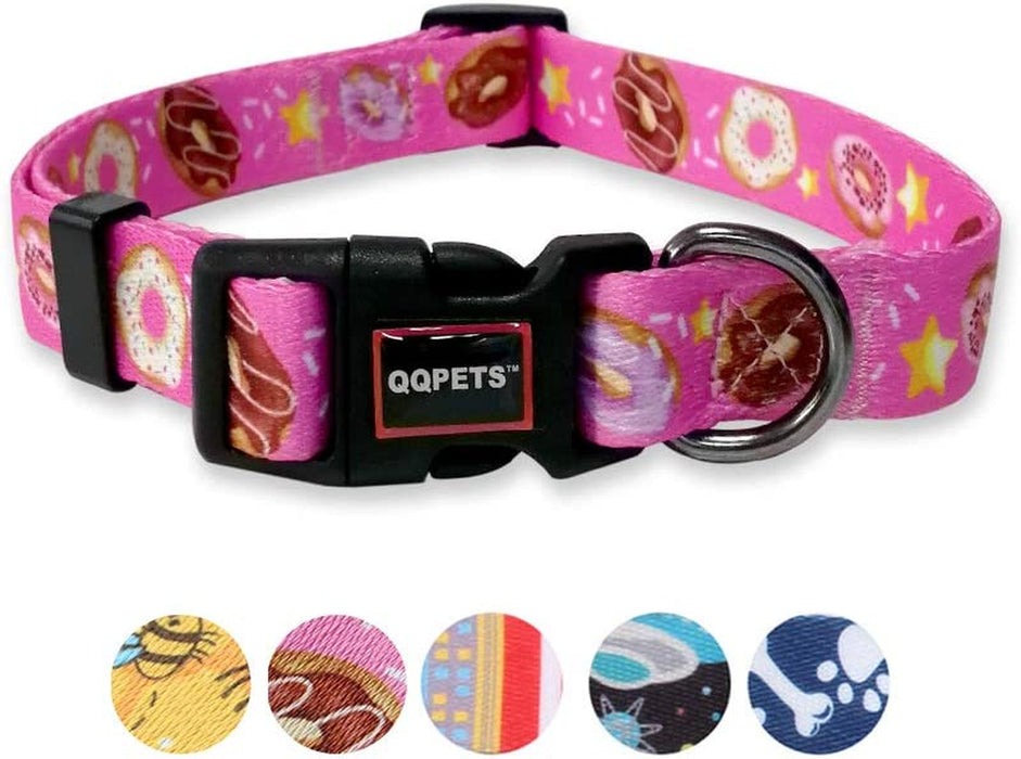 QQPETS Adjustable Soft Dog Collar: Print Flower Pink Multicolor Cute Patterns for XS Small Medium Large Pet Girl Boy Puppy Walking Running Training (M, Bone)