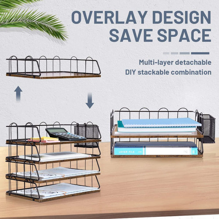Desk Organizer, Paper Tray, Stackable Letter Tray Organizer with Pen Holder (2 Layer)