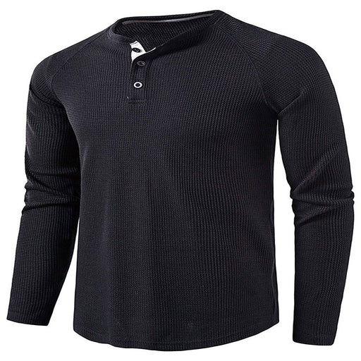 Mens Fashion Waffle T Shirts Henley Neck Solid Color Pullover Work Long Sleeve T-Shirt Black XL