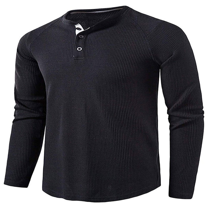Mens Fashion Waffle T Shirts Henley Neck Solid Color Pullover Work Long Sleeve T-Shirt Black XL