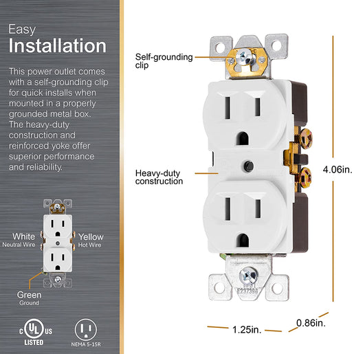 Ultrapro GE Duplex Heavy-Duty Receptacle, White, Wall Outlet, Reinforced Yoke, Self-Grounding Clip, 3 Prong, Supports 15A, UL Listed, 42157