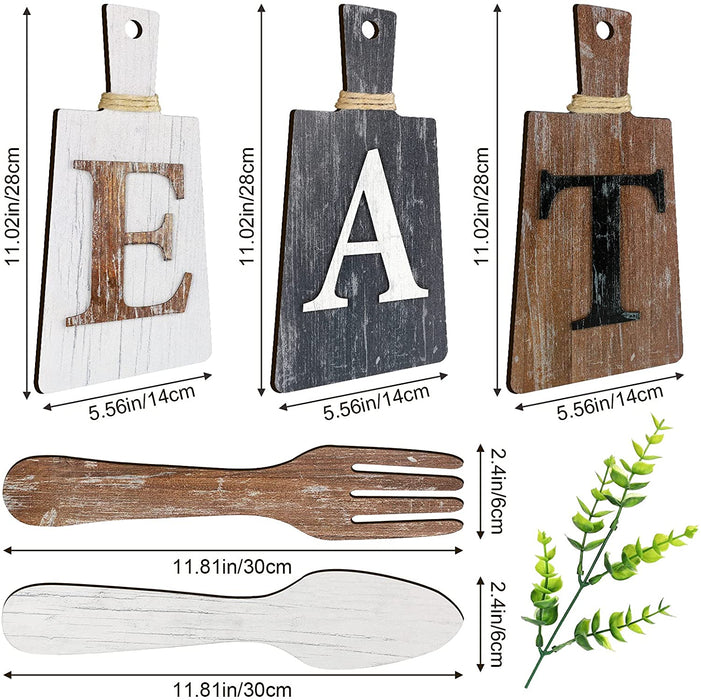 Cutting Board Eat Sign Set Hanging Art Kitchen Eat Sign Fork and Spoon Wall Decor Rustic Primitive Country Farmhouse Kitchen Decor for Kitchen and Home Decoration (Gray, White, Brown)
