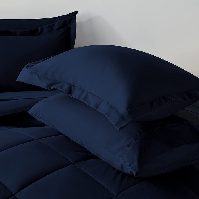 Queen Bed in a Bag 7 Pieces Comforter Set with Comforter and Sheets Navy Blue All Season Bedding Sets with Comforter, Pillow Shams, Flat Sheet, Fitted Sheet and Pillowcases
