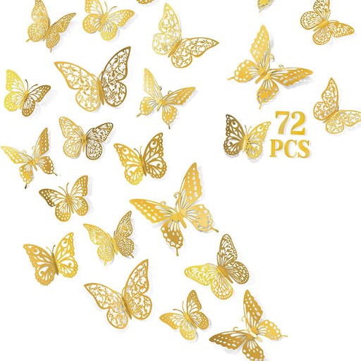 72 Pcs Butterfly Wall Decor Stickers, 6 Styles Gold Butterfly Decorations, 3 Sizes 3D Butterfly Party Decorations/Birthday Decorations/Cake Decorations, Gold Butterflies for Gold Wall Decor Room Decor
