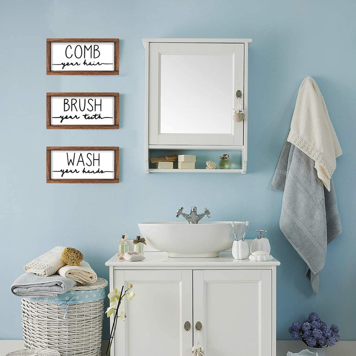 Bathroom Sign & Plaque (Set of 3) Wash Your Hands Brush Your Teeth Comb Your Hair Decorative Rustic Wood Farmhouse Bathroom Wall Decor (White)