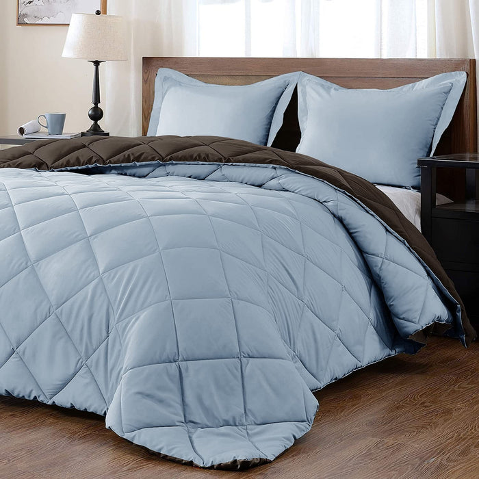 Lightweight Solid Comforter Set (King) with 2 Pillow Shams - 3-Piece Set - Brown and Blue - down Alternative Reversible Comforter