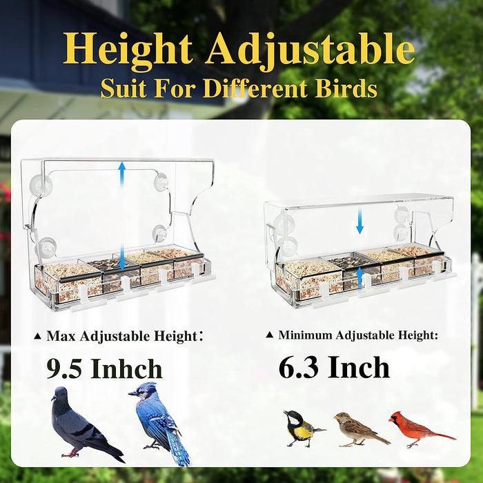Window Bird Feeder, Window Bird Feeders with Strong Suction Cups for Outside, Height Adjustable to 9.5 Inch, Removable Tray with 4 Compartments, Easy Clean and Fill, Clear Acrylic Bird House
