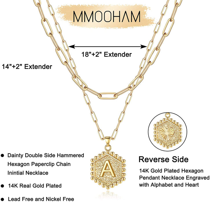 Dainty Layered Initial Necklaces for Women Trendy, 14K Real Gold Plated Paperclip Chain Necklace Cute Hexagon Letter Pendant Initial Choker Necklace Gold Layered Necklaces for Women